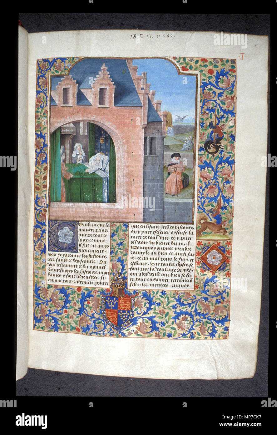 . Français: Royal 18 E vi Folio 8. Jean de Mansel, Fleur de histoires. Naissance de la Vierge. Inschrift sur le Mur' Freude sans fin" annonciation à Joachim, Rencontre de la Porte Dore, avec un cadre Plein aux armoiries Royales anglaises, La entwickeln "Honny soit qui mal y Pense", surmonté d'un Casque couronné. Sur Le Côté, une rose-en-soleil avec la erarbeiten 'Dieu est mon droit". Début du Prolog du Livre 2. 4. August 2006, 23:07:21. Maître aux Inschriften Blanches (XV siècle) 1075 Royal 18 E vi. 8K 139594 Stockfoto
