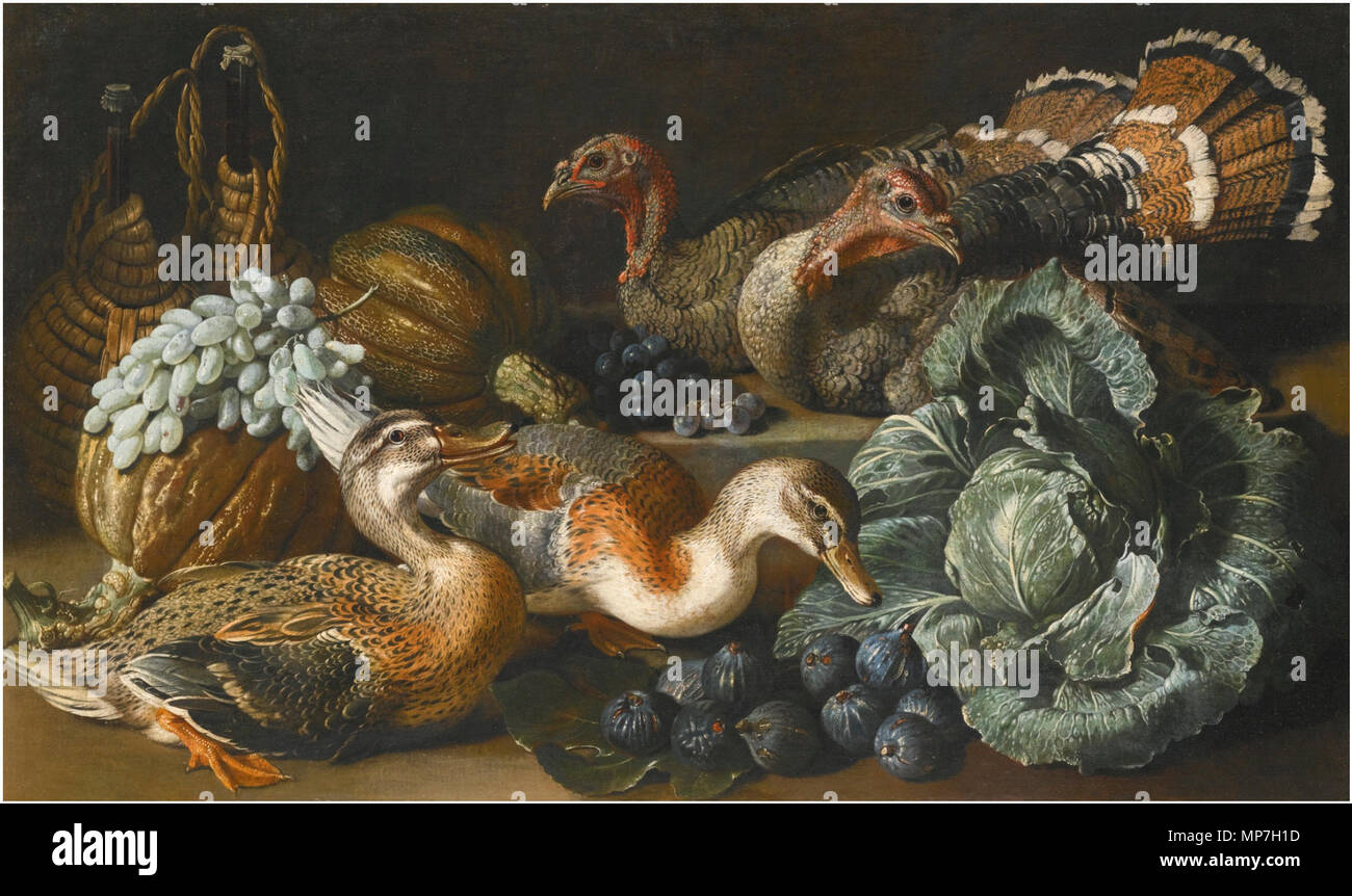 Ein Stilleben von Enten, Truthähne, Melonen, Feigen, Trauben und ein Kohl auf einem Felsvorsprung aus Stein aus dem 17. Jahrhundert. 683 Jacob van Kerckhoven - ein Stilleben von Enten, Truthähne, Melonen, Feigen, Trauben und ein Kohl auf einem steinernen Einfassung Stockfoto