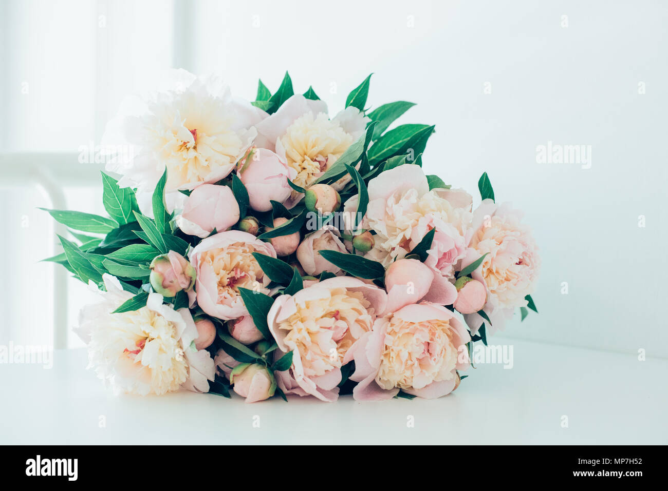 Vintage Pfingstrose Strauss Auf Weisser Tisch Frisch Zart Rosa