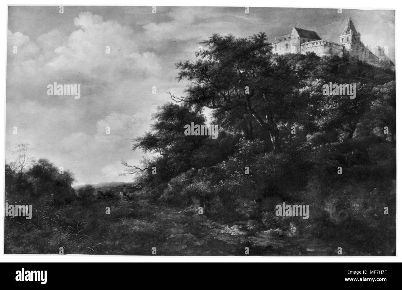 Englisch: Blick auf Burg Bentheim. Dieses Objekt ist in RKDimages, Datenbank der Niederländischen Institut für Kunstgeschichte indiziert, unter der Referenznummer 118869. Čeština | Deutsch | Français | македонски | Nederlands | +/- nach 1650. 684 Jacob van Ruisdael - Blick auf Burg Bentheim von Unten Stockfoto