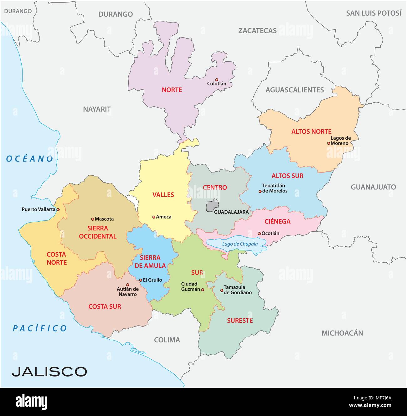 Jalisco, administrativen und politischen Vektorkarte, Mexiko Stock Vektor