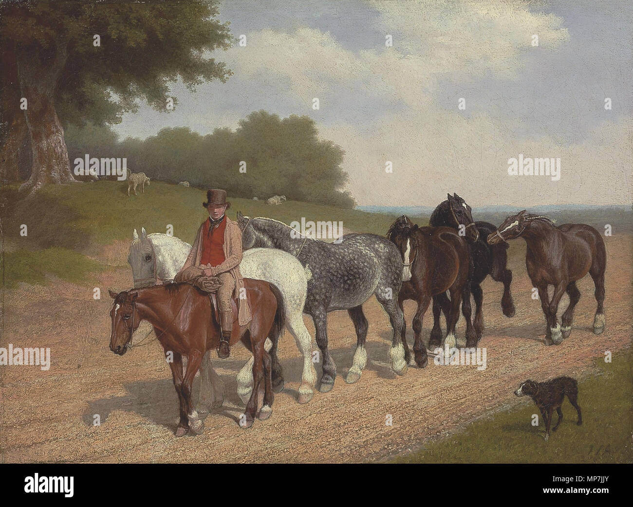 Ein Bräutigam mit einer Zeichenkette der carthorses und ein Hund auf einer Landstraße vor 1793. 690 Jacques-Laurent Agasse - ein Bräutigam mit einer Zeichenkette der carthorses und ein Hund auf einer Landstraße Stockfoto