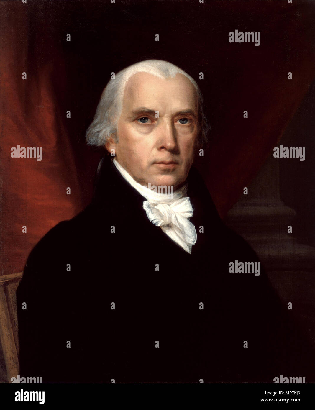 . Portrait von James Madison, einer der Autoren der Federalist Papers, und der vierte Präsident der Vereinigten Staaten Mittel-/Support: Öl auf Leinwand Maße: 26 x 22 3/16 in. (66 x 56,4 cm) der Gelehrten Anmerkungen: "Das Portrait [von James Madison] wurde in Betrieb genommen. . Von James Monroe. . Cameo - wie, mit festen ebenen und sorgfältig kontrollierten Bereich von Werten, und Sie nicht auf tiefe Schatten oder starken Kontrast für Ihre skulpturale Wirkung verlassen, funktioniert aber meistens in hellen Farbtönen. Das Gesicht, trotz seiner impassivity, offenbart die Maut gefordert, die durch den Krieg von 1812. . Es liegt über einem schwarzen Mantel mit Kragen zwische Stockfoto