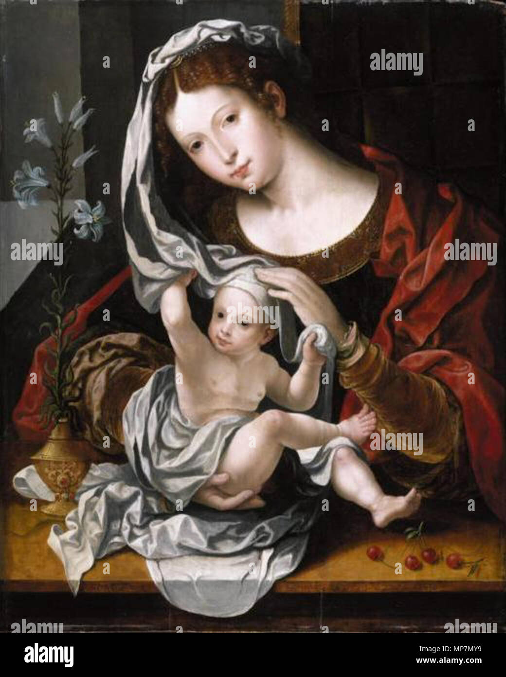 Englisch: Madonna und Kind spielen mit dem Schleier Nederlands: De Madonna met de sluier circa 1530. 698 Jan Gossaert - Die Jungfrau und Kind mit weißer Lilie und Kirschen Stockfoto