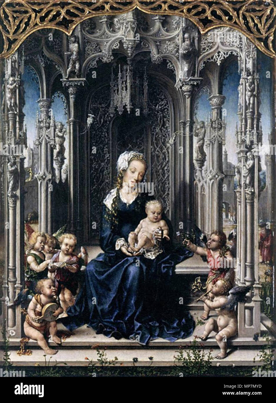 Englisch: Jungfrau und Kind mit musikalischen Engeln. Dieses Objekt ist in RKDimages, Datenbank der Niederländischen Institut für Kunstgeschichte indiziert, unter der Referenz 50981. Čeština | Deutsch | Français | македонски | Nederlands | +/-. ca. 1513. 698 Jan Gossaert - Jungfrau und Kind mit musikalischen Engeln Stockfoto