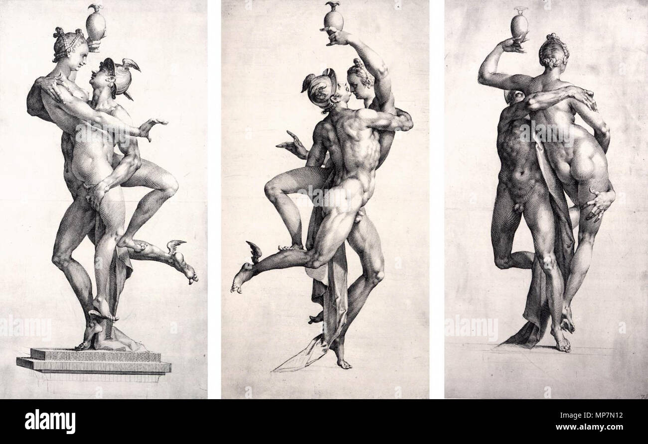 Quecksilber und Psyche, von drei Seiten zwischen 1594 und 1595 gesehen. 698 Jan Harmensz. Muller - Quecksilber und Psyche, von drei Seiten - WGA 16318 gesehen Stockfoto