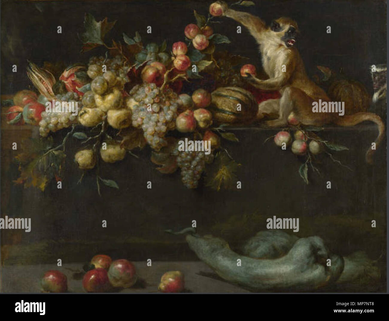 . Englisch: Jan Roos, Stillleben mit Obst und Gemüse mit zwei Affen, Öl auf Leinwand, 102,9 x 135,5 cm, C. 1620, die National Gallery. 17. Jahrhundert. 700 Jan Roos - Stillleben mit Obst und Gemüse mit Zwei Affen Stockfoto