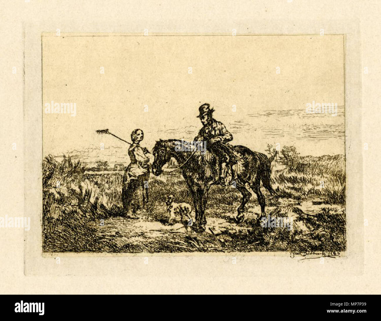 Ein Mann auf einem Pferd im Gespräch mit einer Bäuerin um 1860. 701 Jan Stobbaerts - ein Mann auf einem Pferd im Gespräch mit einer Bäuerin Stockfoto