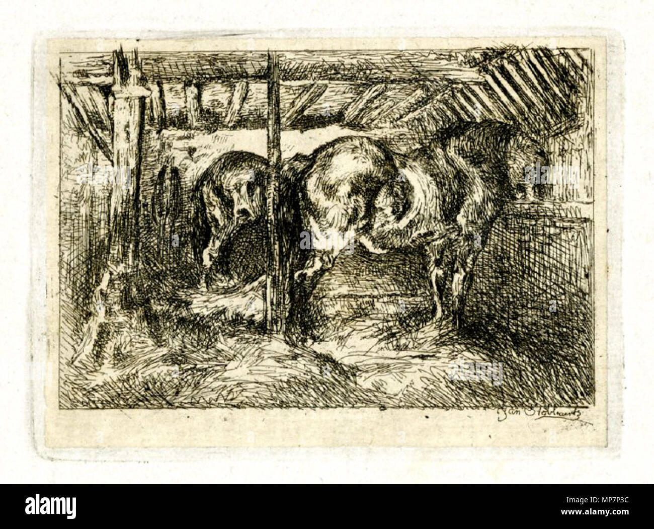 Pferde auf einem Rack um 1860. 701 Jan Stobbaerts - Pferde am Rack Stockfoto