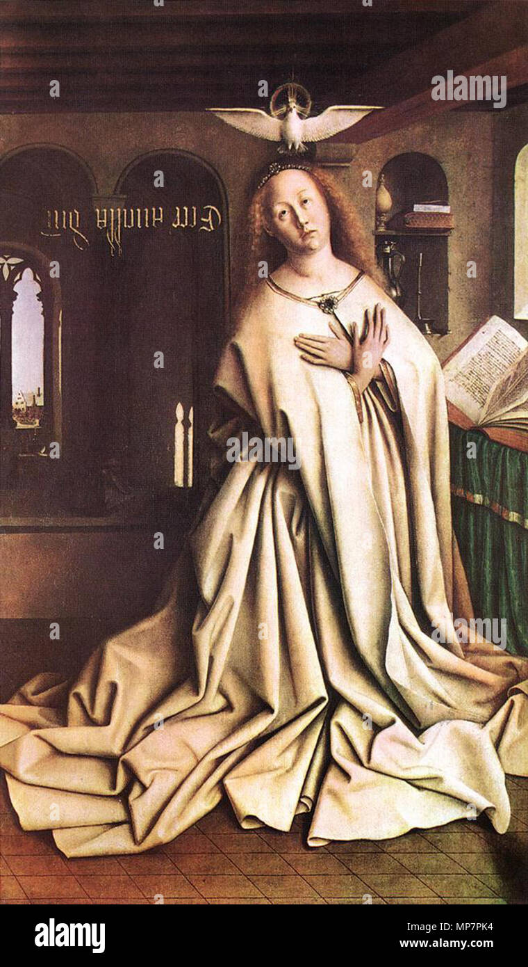 Deutsch: Das Genter Altarbild: Maria der Verkündigung 1432. 703 Jan van Eyck - Der Genter Altar - Maria der Verkündigung - WGA 07679 Stockfoto