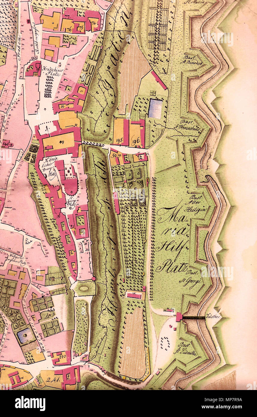 . Čeština: Mapa prazskeho hradu z roku 1791. Deutsch: Karte der Prager Burg von 1791. Français: Plan du Chateau de Prag de 1791. 1791. Frantisek (Franz) Hegert 1026 Prager Burg Karte 1791 Stockfoto