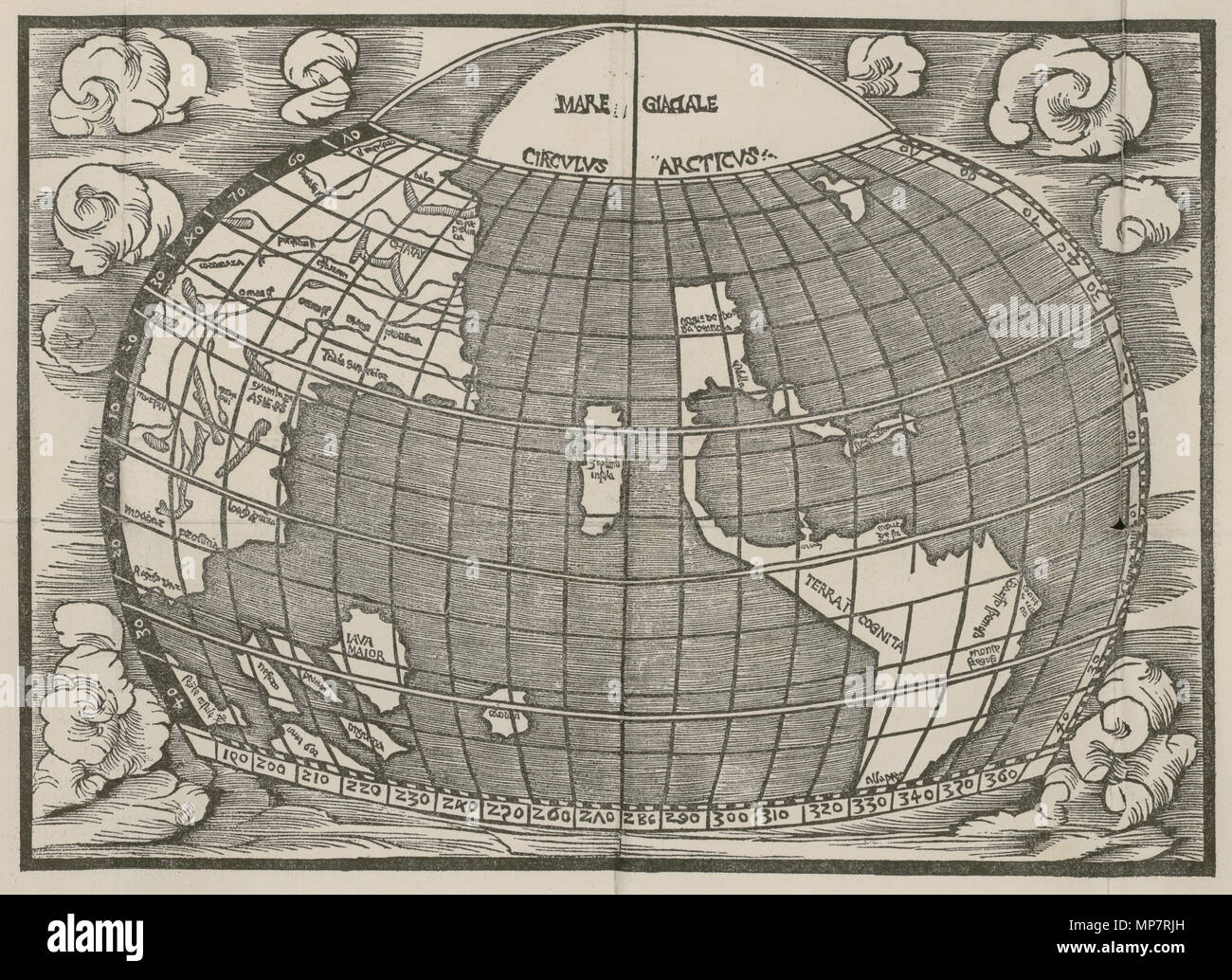 . Englisch: Karte von Nord- und Südamerika, die die Verbindung der beiden Kontinente durch eine Landenge. In der Introductio in Ptholomei Cosmographiam (Einführung in die Kosmographie von Ptolemäus veröffentlicht) von Jan von Stobnica, 1512. Im Jahre 1512 veröffentlichte, Gravur. Unbekannt 706 Jan-von-Stobnica-Cosmographiam-von-Ptolemäus Stockfoto