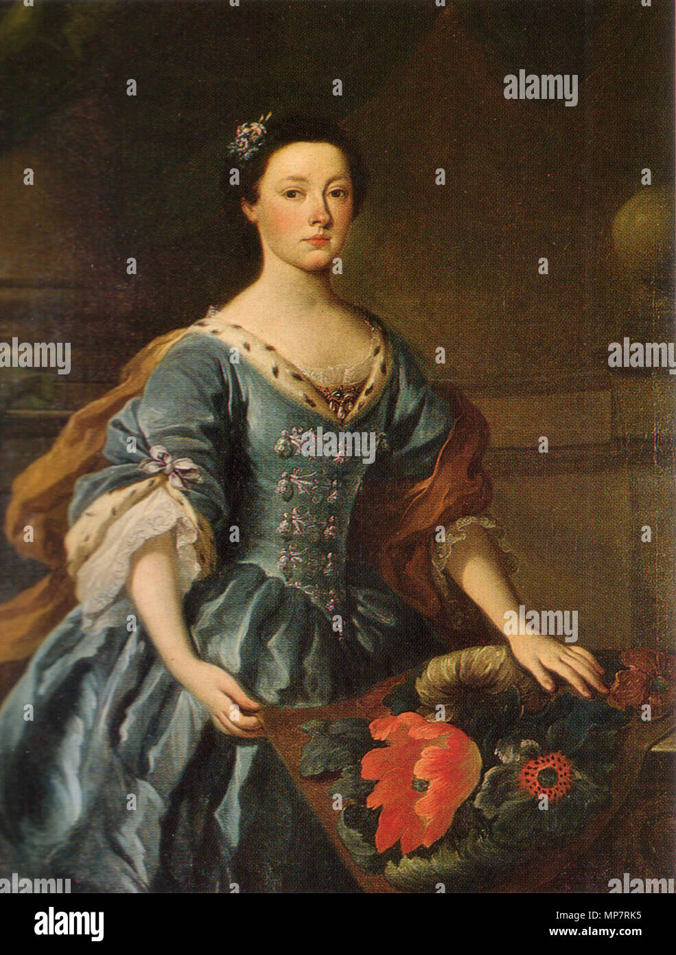 Portrait von Jane Allgood. Englisch: Portrait von Jane Allgood von Nunwick Hall, Northumberland mit einer Stickerei eines Anemonen und Tulpen in Langen gearbeitet - und - kurze Stich, Teil einer Reihe von sechs Stuhlhussen und zwei Bildschirme extant noch (obwohl viel an Nunwick Halle verblasst). . 18. 706 Jane Allgood Stockfoto