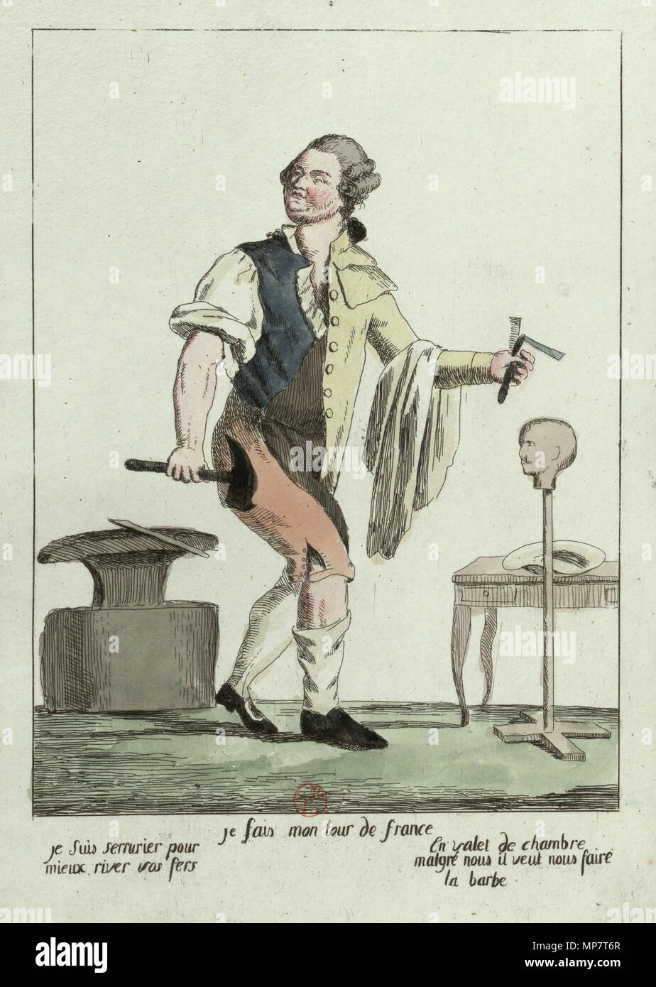 . Français: Karikatur de Louis XVI lors de sa fuite à Varennes: "Je fais mon Tour de France: Je suis serrurier pour mieux Fluss vos fers: en Valet de Chambre malgré nous Il veut nous faire la Barbe". 1791. Unbekannt 709 Je fais mon Tour de France Stockfoto