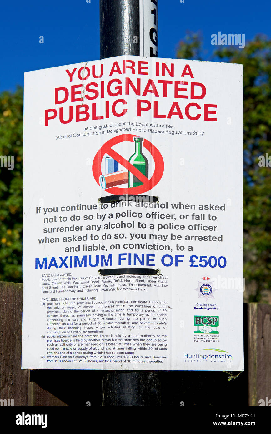 Bekanntmachung, verbietet das Trinken von Alkohol in der Öffentlichkeit, England Großbritannien Stockfoto