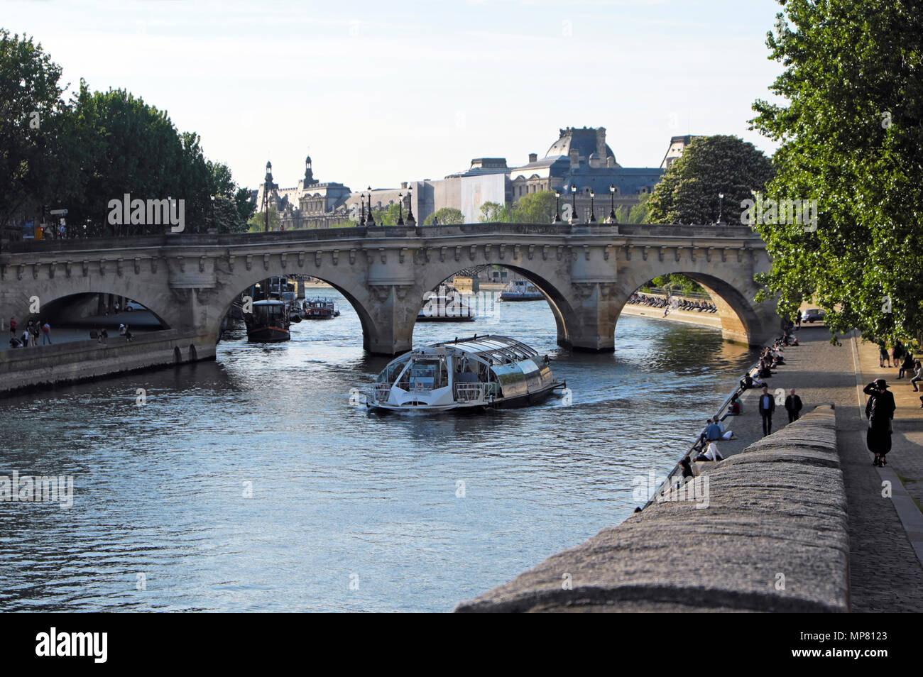 Touristenboot und Blick auf die Brücke entlang dem linken Ufer der Seine in Paris Frühling KATHY DEWITT Stockfoto