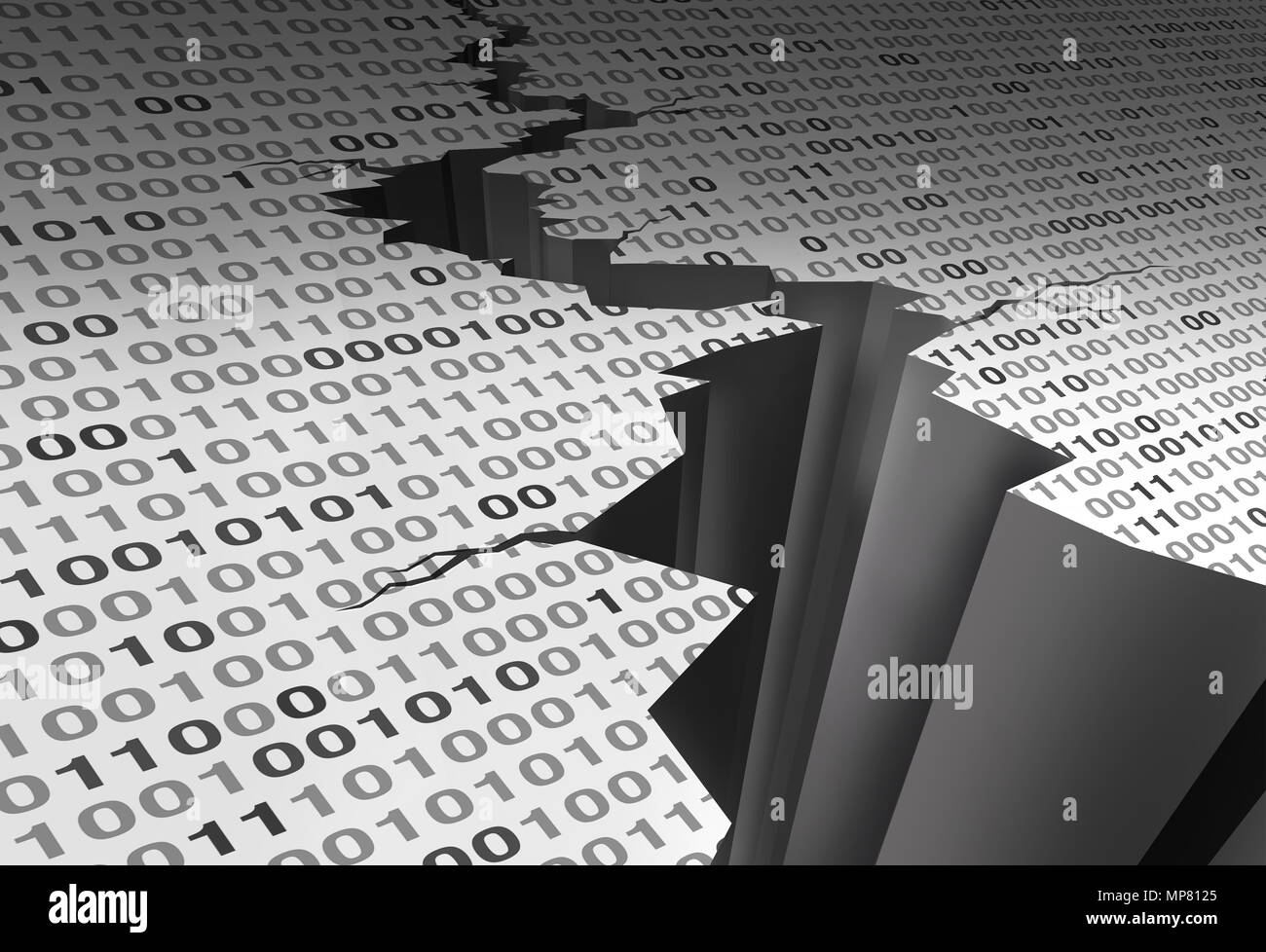 Daten knacken und Beschädigter Computer digital Software Code als 3D-Darstellung. Stockfoto