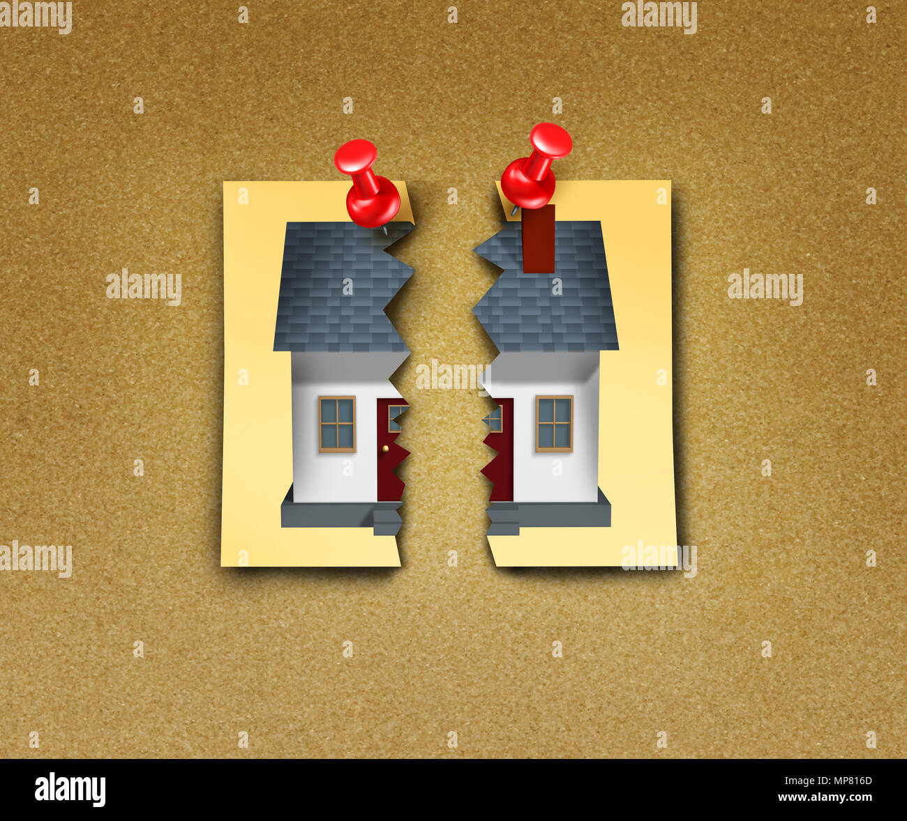 Familie Auseinanderbrechen als Scheidung home Apart in einem inländischen Trennung mit 3D-Illustration Elemente zerrissen. Stockfoto