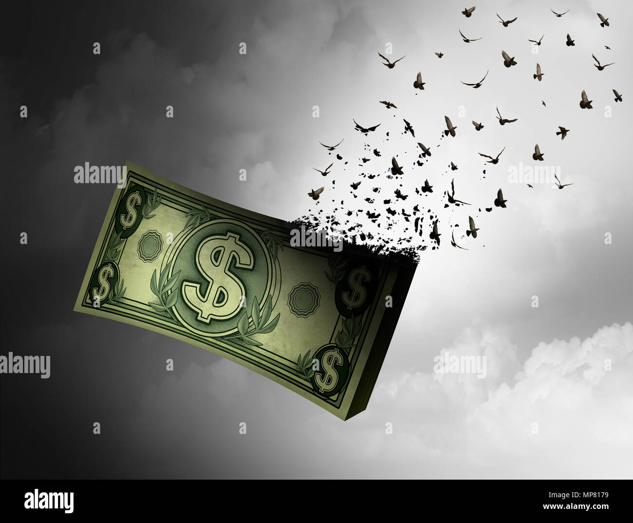 Geld weg Fliegen und Verlust von Reichtum oder budgetüberschreitungen Finanzkonzept mit 3D-Illustration Elemente. Stockfoto