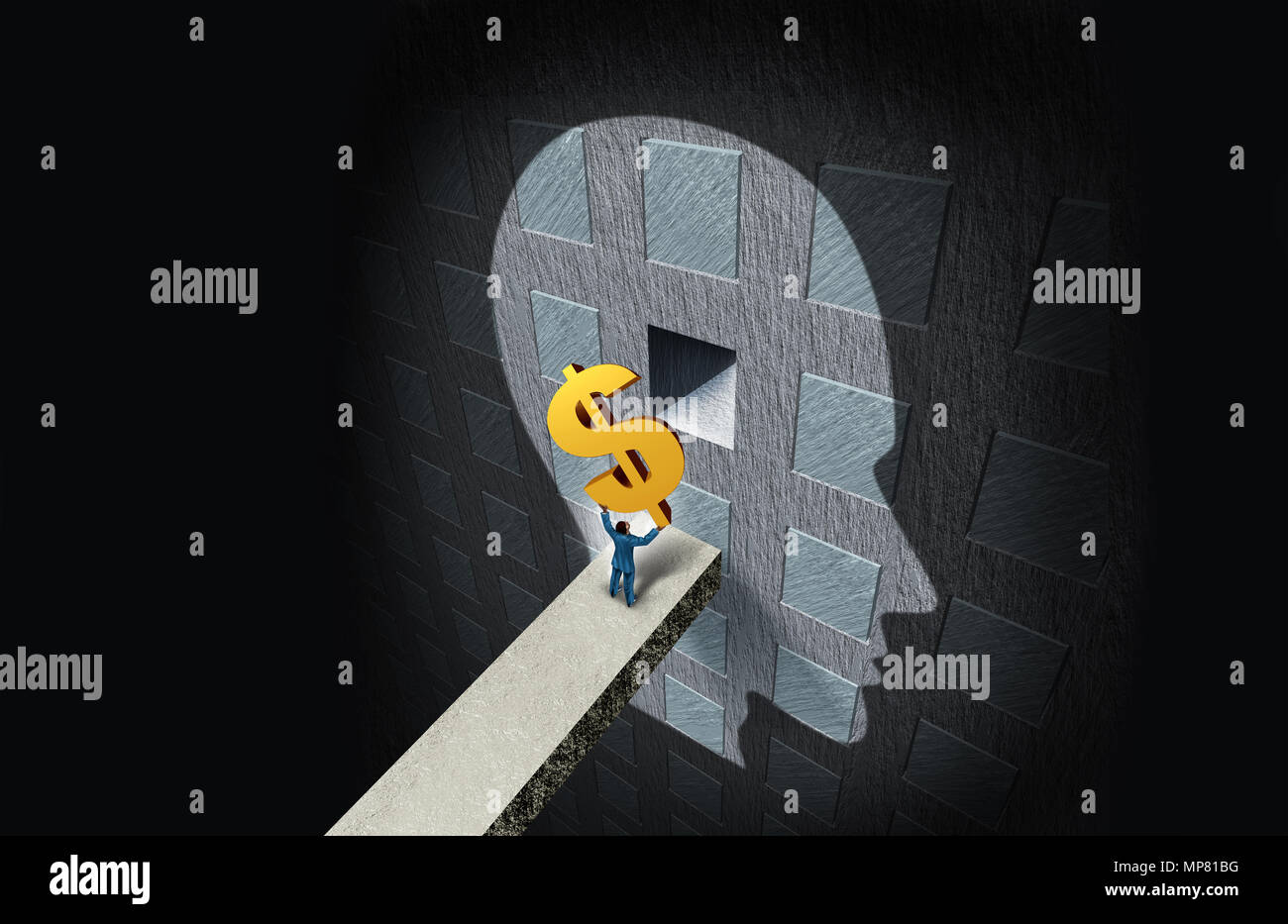 Wirtschaftspsychologie Konzept und Reichtum denken oder finanzielle Bildung und Psychiatrie oder Psychologe gebühren Symbol mit 3D-Illustration Elemente. Stockfoto