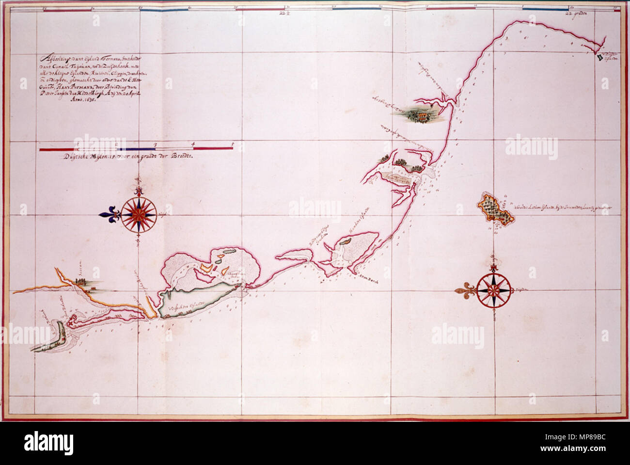 . Englisch: Diese Detaillierte Navigationskarte zeigt die Küste von Taiwan von der Bucht von Tayouan nach Süden (links ist Norden). Er ist einer der am besten erhaltenen Karten von Taiwan die Küste. Mit Genehmigung der Österreichischen Nationalbibliothek (Beihilfe: Atlas Van der Hem, V. XLI, Blatt 4-1) verwendet. 16 November 2006, 13:52:50. 作者未知 853 Karte der westlichen Küste von Taiwan, Tayouan und weist nach Süden, C. 1636 Stockfoto