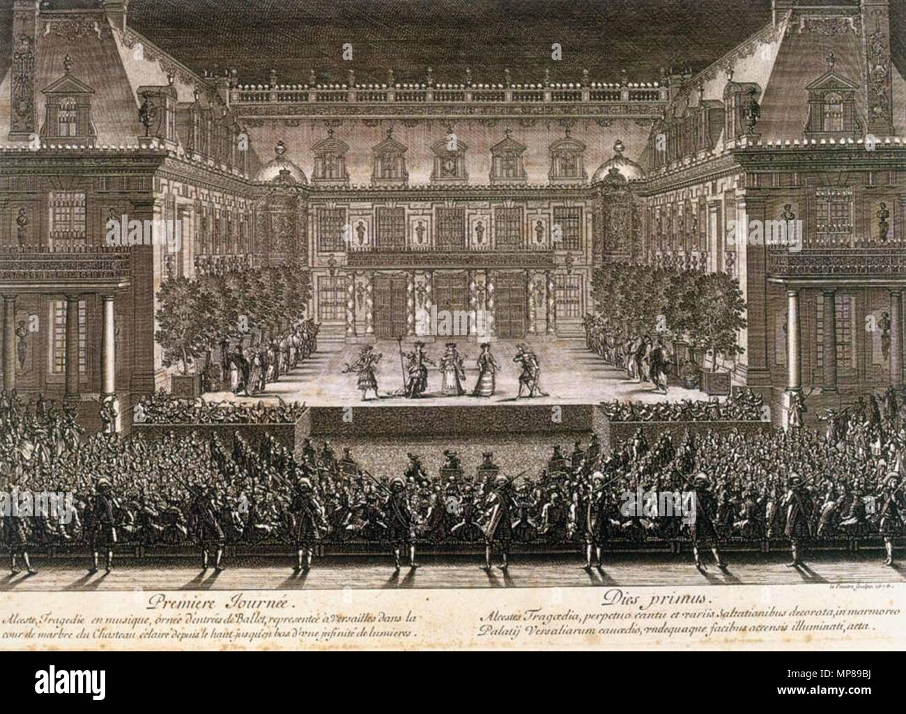 Leistung der Alceste in 1674. Englisch: Leistung von Lullys Oper Alceste (' verziert mit Ballett entrées") in den Marmor Hof in Versailles am 4. Juli 1674, am ersten Tag (Premiere Journée) des Grand Divertissement bestellt von Ludwig XIV. Seine jüngsten Siege in der Franche-Comté zu feiern. 1676. 710 Jean Le Pautre - die Leistung von Alceste in 1674 - WGA 12589 Stockfoto