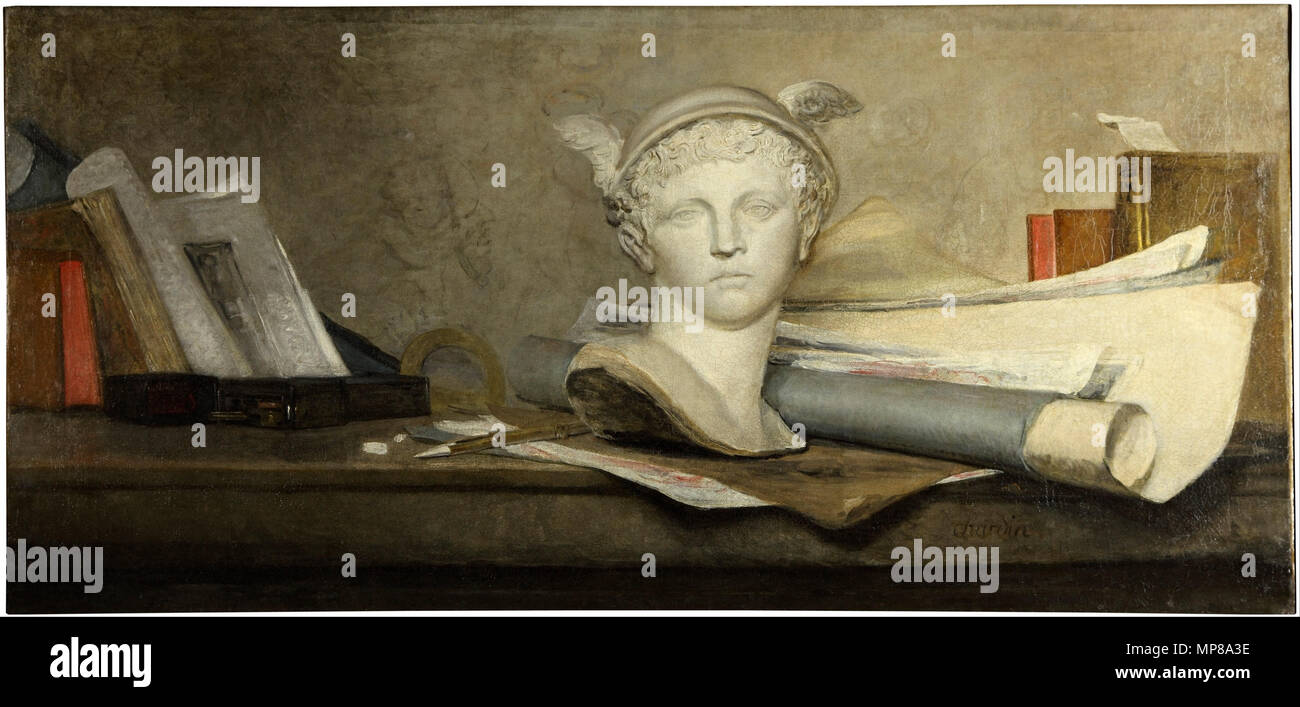 Stillleben mit Attributen der Künste (1724 - 1728). 713 Jean-Baptiste Simeon Chardin - Stillleben mit Attributen der Künste - Google Kunst Projekt Stockfoto