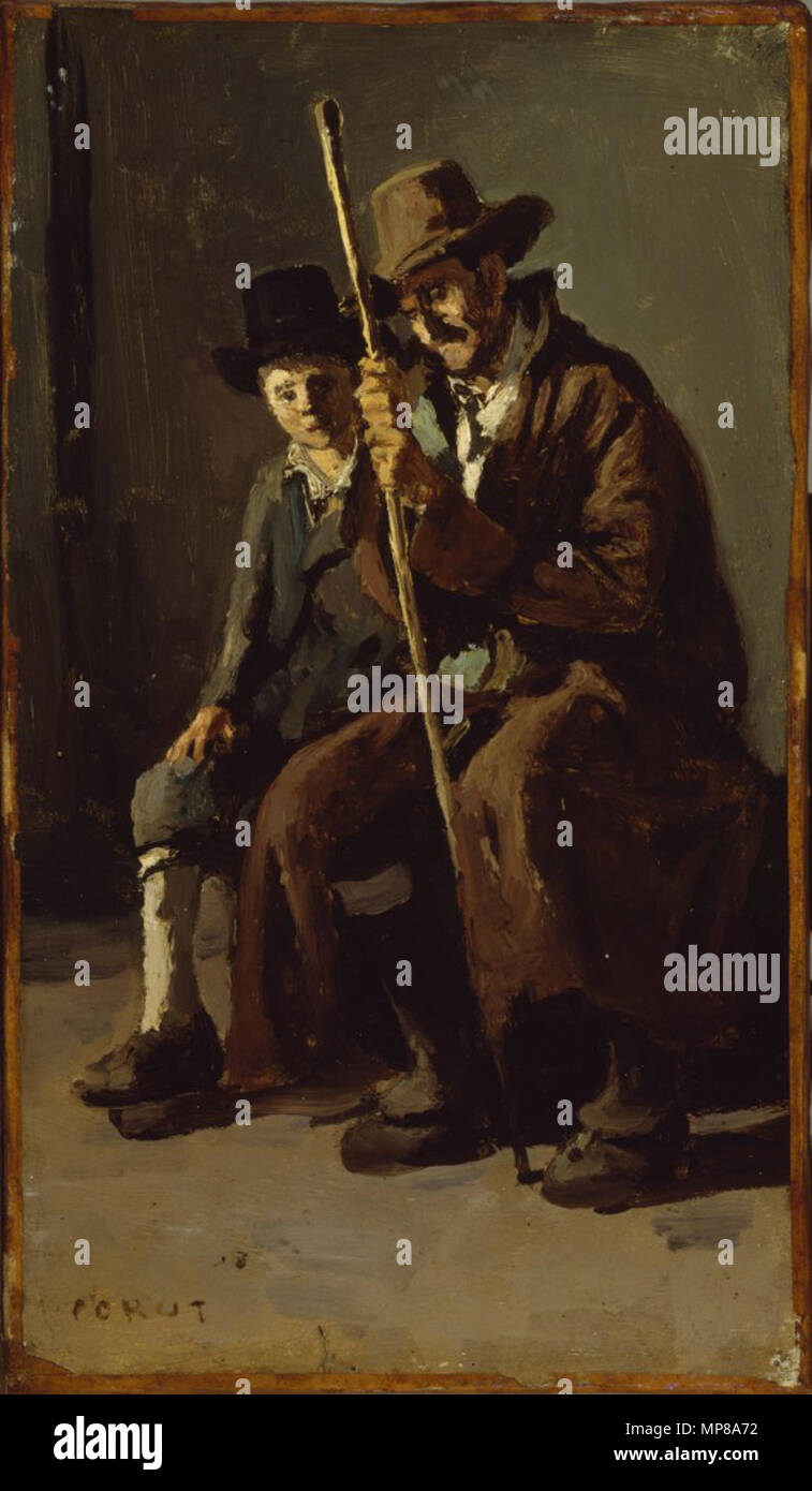 Französisch: Deux paysans Deutschlands zwei italienischen Bauern. Englisch: Ein älterer Mann scheint verloren in Gedanken, während sein junger Begleiter sieht zögernd nach außen. Diese Farbenkräftigen Malerei, mit seinen scharfen Kontraste von Licht und Schatten, ist jetzt in Paris folgenden Corot Rückkehr aus Italien im Jahre 1843 gemalt worden. Die beiden sitters werden traditionell als italienische Modelle identifiziert. . Ca. 1843. 714 Jean-Baptiste-Camille Corot - Zwei italienische Bauern - Walters 37201 b Stockfoto
