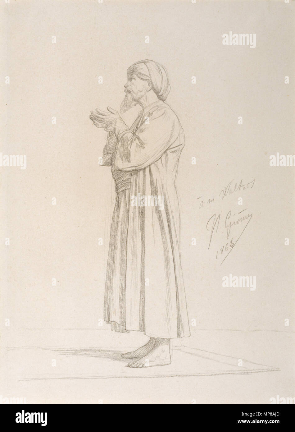 Jean-Léon Gérôme (Französisch, 1824-1904). "Arabischen im Gebet stehen", 1864 Graphit auf Sahne, mäßig dick, leicht strukturierte webte Papier. Walters Art Museum (37.1305): von William T. Walters, 1864 erworben. 37.1305 715 Jean-Léon Gérôme - Arabische im Gebet stehen - Walters 371305 Stockfoto Jean-Léon Gérôme (Französisch, 1824-1904). "Arabischen im Gebet stehen", 1864 Graphit auf Sahne, mäßig dick, leicht strukturierte webte Papier. Walters Art Museum (37.1305): von William T. Walters, 1864 erworben. 37.1305 715 Jean-Léon Gérôme - Arabische im Gebet stehen - Walters 371305 Stockfoto