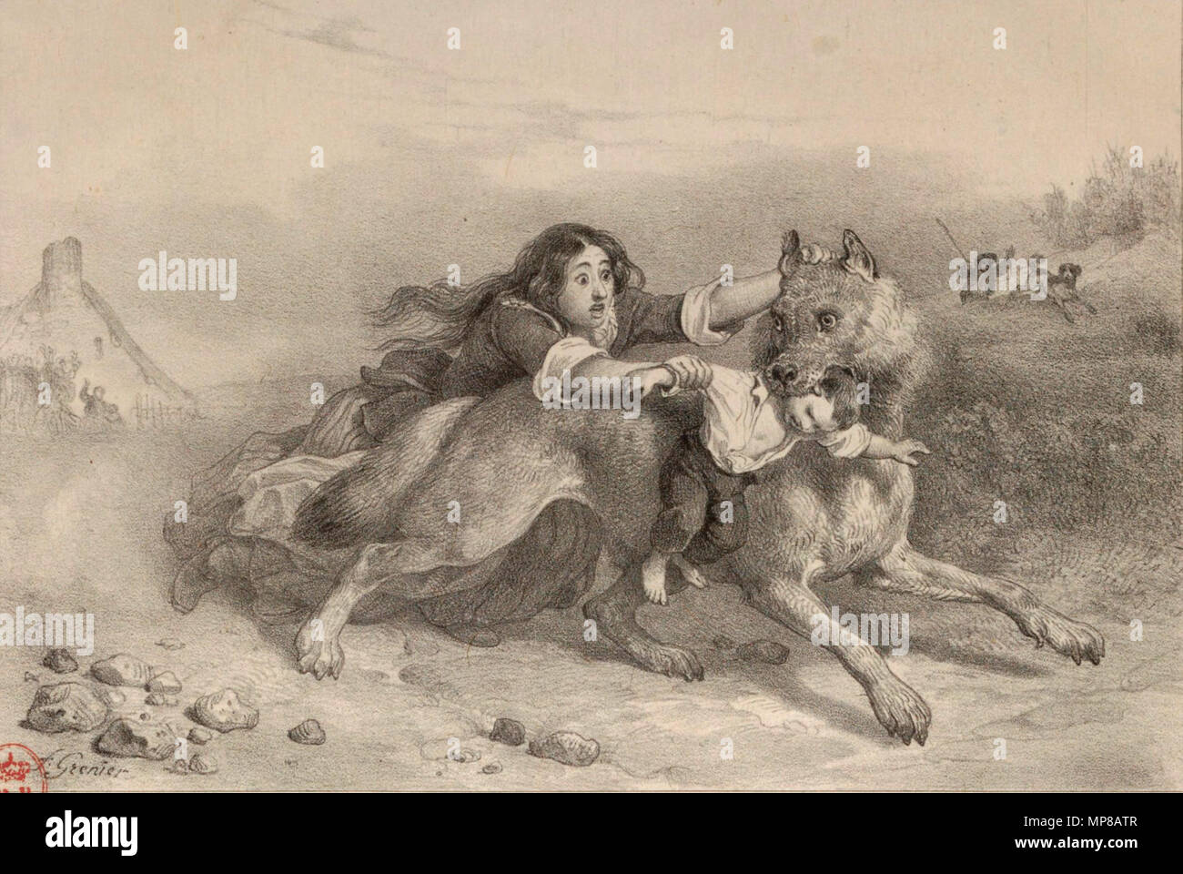 . Français: Le combat de Jeanne Jouve pour sauver ses enfants de la Bête du Gévaudan. Tiefdruck publiée dans le Journal des Chasseurs, Oktober 1839 - September 1840. . Oktober 1839 - September 1840. François Grenier de Saint-Martin (1793-1867) 716 JeanneJouve Stockfoto