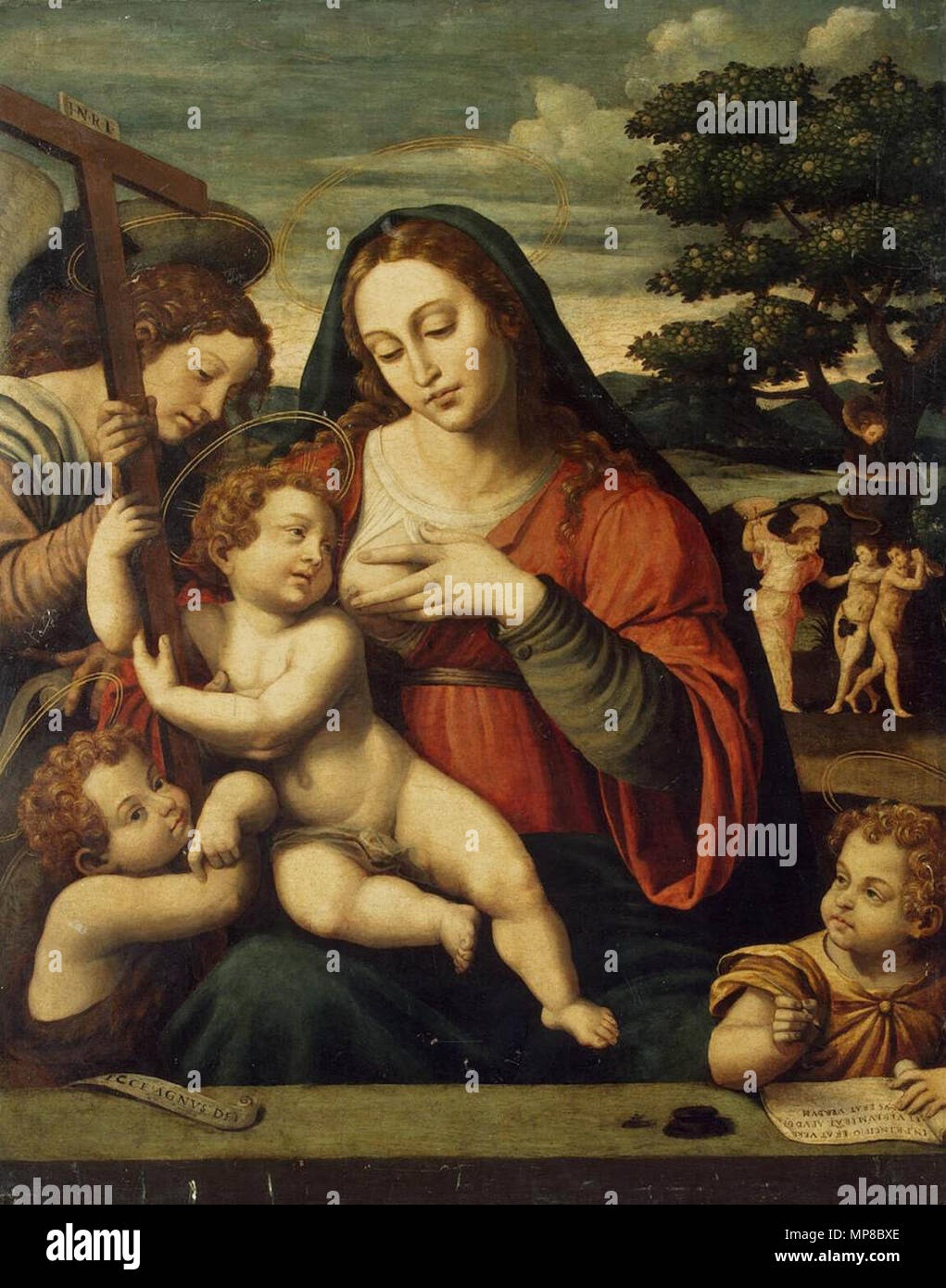 Jungfrau und Kind mit den hll. Johannes der Täufer und Johannes der Evangelist zwischen 1550 und 1570. 721 Joan de Joanes-Jungfrau und Kind mit den hll. Johannes der Täufer und Johannes der Evangelist - WGA 12063 Stockfoto