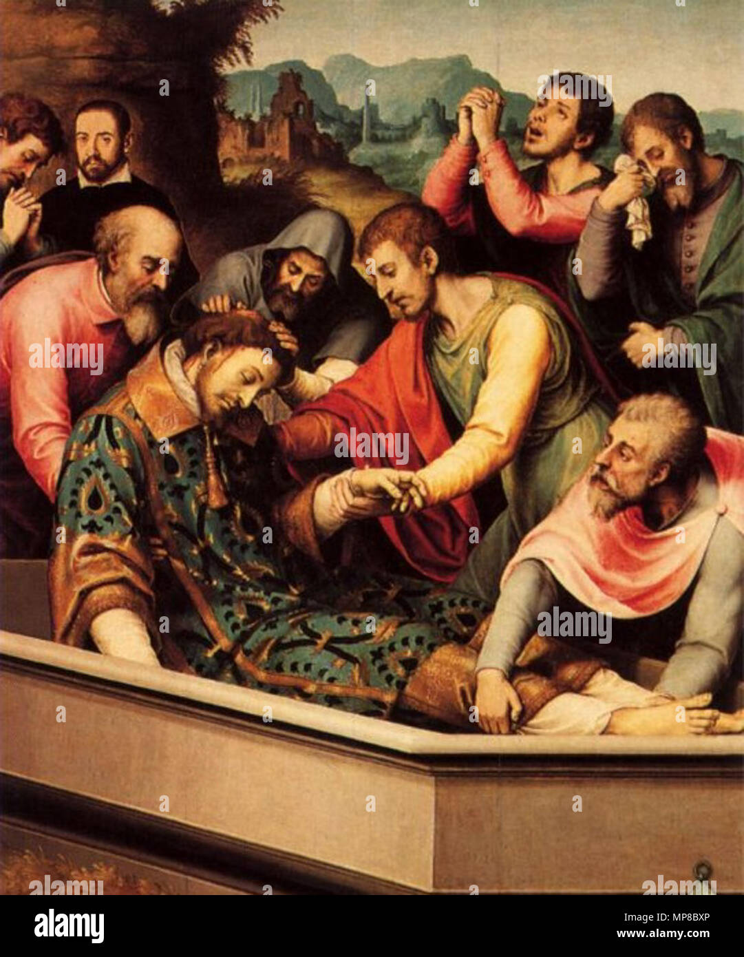 Entierro de San Esteban. Español: La Obra Vertreter el Momento en que El cadáver del mártir Cristiano San Esteban fue depositado en su Tumba tras haber Sido apedreado. Englisch: die Grablegung des hl. Stephanus Märtyrer. ca. 1562. 721 Joan de Joanes-El Entierro de San Esteban 09. Stockfoto