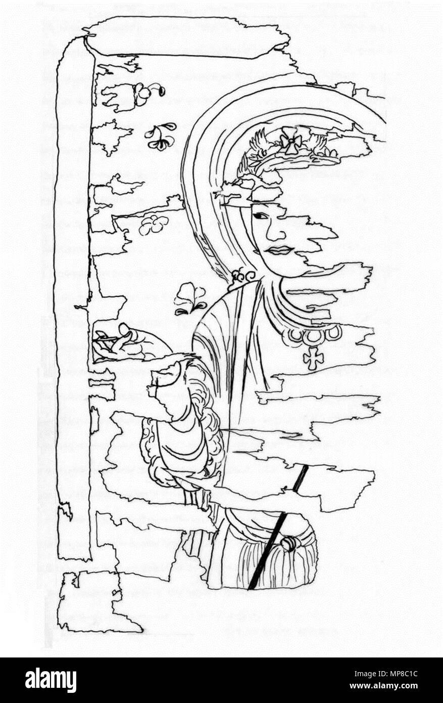 . Englisch: Fragment einer Nestorianischen Bild in der Höhle17 am Mo gefunden - kao Höhlen, Tunhwang, 9. Jahrhundert. Laut Dr. Buslig Szonja der Eötvös Loránd Universität und Prof. Lin Meicun der Peking Universität, es ist ein Bild von Jesus Christus. Quelle: Http://dsr.nii.ac.jp/narratives/discovery/09/index.html.ja (in Japanisch). 日本語: 敦煌蔵経洞出土キリスト像絹画断片。 中文（繁體） ‎: 敦煌藏經洞所出基督像絹畫殘片 根據匈牙利羅蘭大學。 （Eötvös Loránd Universität） （的宋妮雅 Buslig 博士和北京大學的林梅村教授的研究 Szonja），此畫所描繪的人物為耶穌基督 資料來源：Http://dsr.nii.ac.jp/narratives/discovery/09/index.html.zh。 （簡體中文）。. T'ang-Dynastie. Unbekannter Künstler der T'ang Dynastie 1157 T'ang-Dynastie Nestorianische Stockfoto