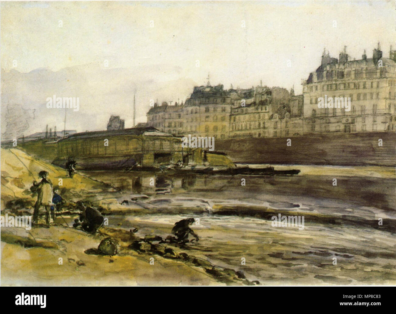 Quai de la Seine, Paris. Fluss mit hohen Damm, auf dem eine Reihe von mehrgeschossigen Häusern gebaut wird. In der River liegt eine schwimmende vergossen, als öffentliche Waschen - Boot verwendet wurde. Im Vordergrund eine Anzahl der Angler. ca. 1862-1863. 722 Johan Barthold Jongkind007 Detail, 01. Stockfoto