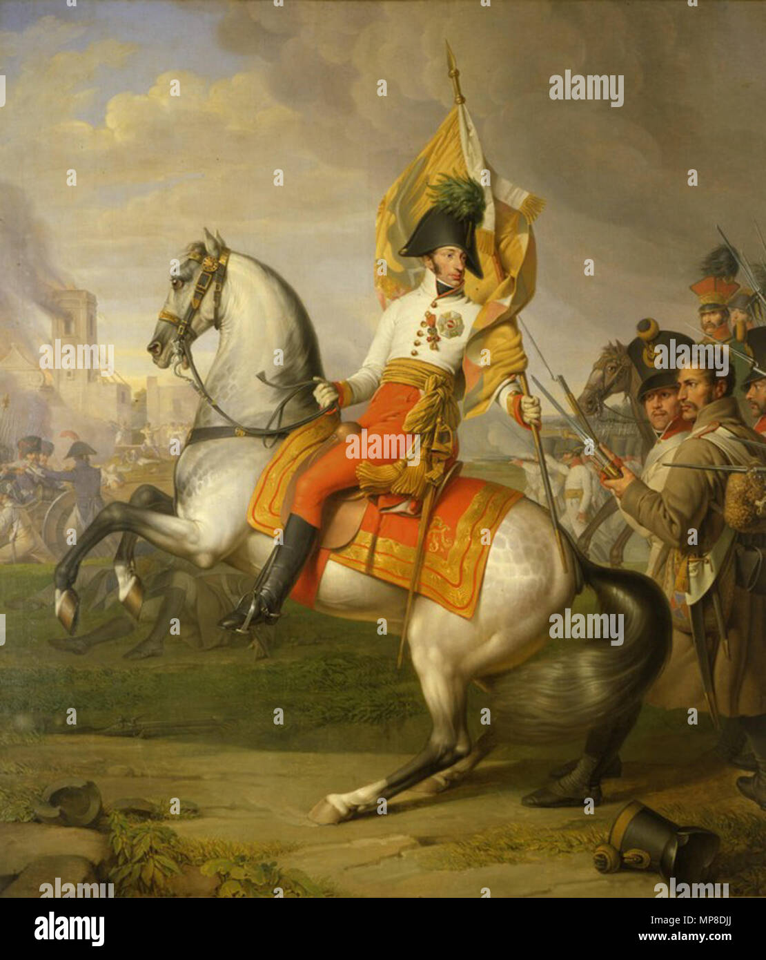 . English: "Erzherzog Karl in der Schlacht bei Aspern 1812" Vorbild für dieses Grafik krieg' Napoleon beim Übergang über den Großen St. Bernhard" (1800/1801) von Jacques-Louis David, siehe hier Englisch: Erzherzog Karl in der Schlacht von aspern-essling Español: archiduque Carlos de Austria durante La Batalla de Aspern-Essling. ca. 1809 (Jahr der Schlacht von aspern-essling)  1856 (Jahr der Tod des Malers). 727 Johann Peter Krafft003 Stockfoto