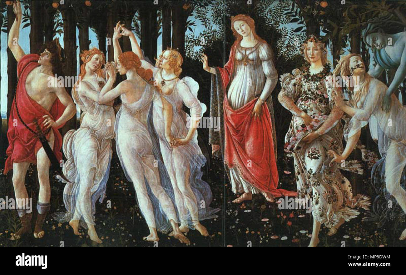 Primavera. Español: Pintura renacentista. Das Bild wird beschnitten, so dass die Oberseite, einschließlich der geflügelten Putto, nicht sichtbar sind. zwischen 1477 und 1480. 785 La Primavera Stockfoto