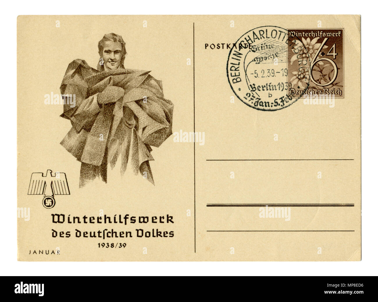 Alte Deutsche Post Card/Postkarte: Der Beruf des "Winter Relief" Januar 1938, 1939 mit Sonderstempel Berlin-Charlottenburg Stockfoto