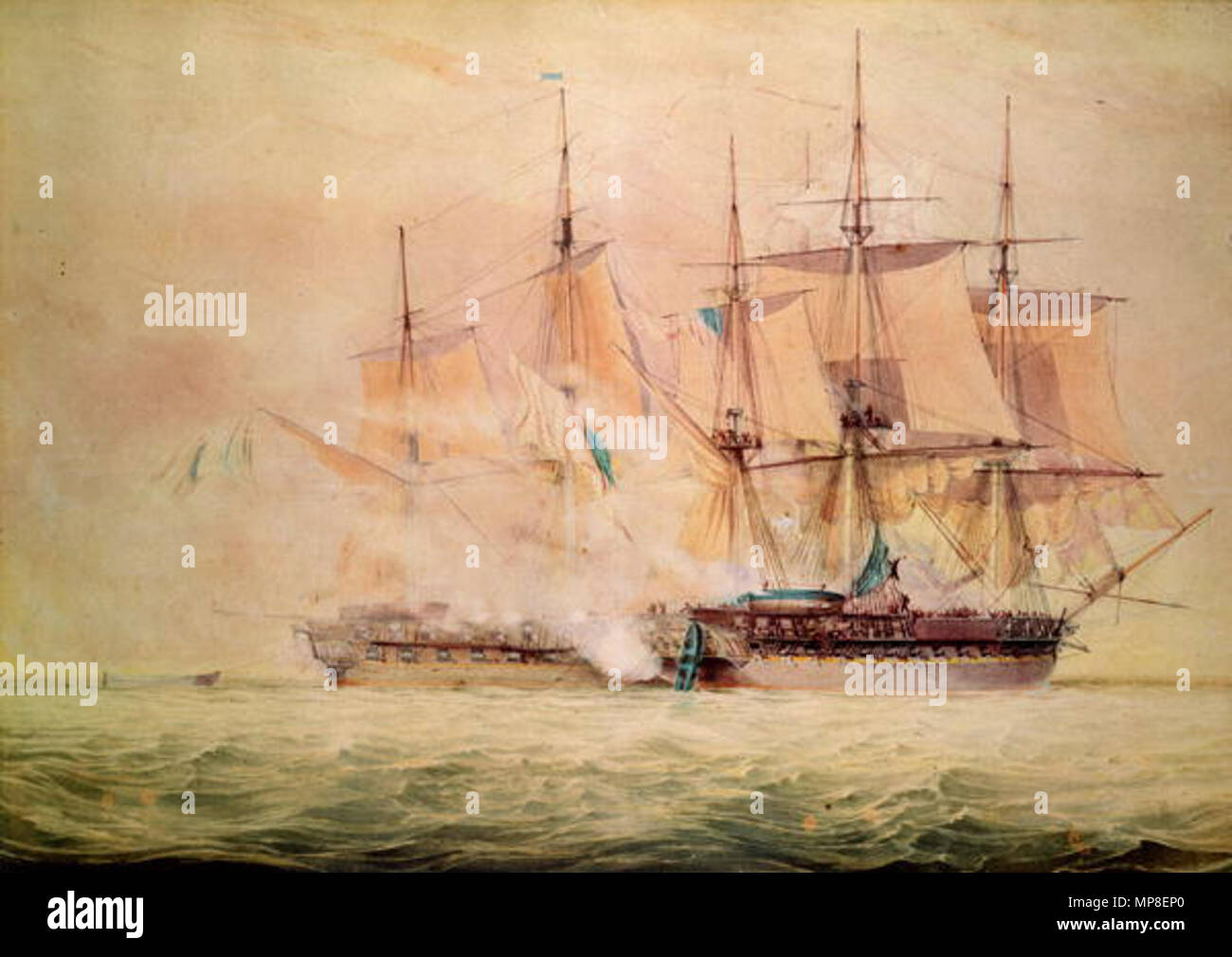 Boarding der Chesapeake.. Eine Darstellung der ersten Kanone volley zwischen der U.S.S. Chesapeake und der H.M.S. Shannon am 1. Juni 1813, die schließlich die Chesapeake besiegt. Dies war der erste einer Serie von vier Gemälde mit der Darstellung der Schlacht. 19. 731 John Christian Schetky, Internat der Chesapeake (19. Jahrhundert) Stockfoto