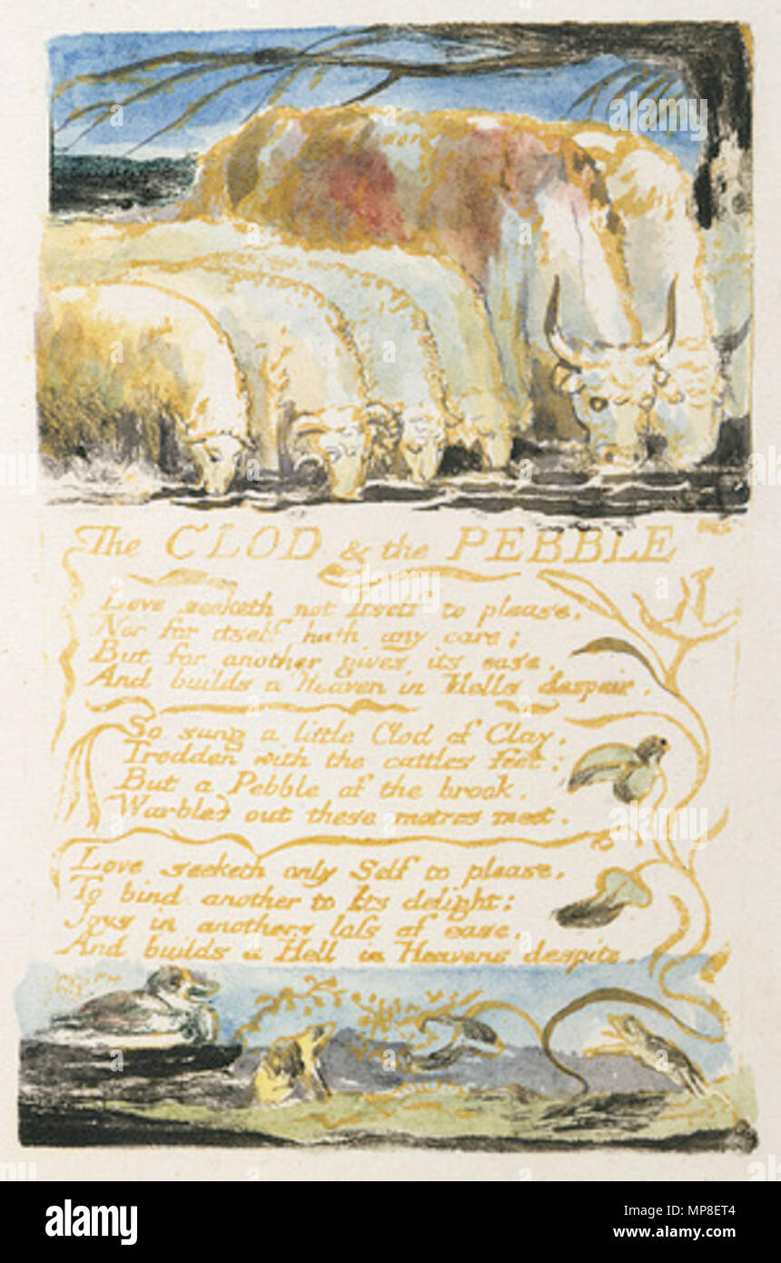 . Englisch: Lieder der Unschuld und Erfahrung, Kopie B, 1789, 1794 (British Museum) Objekt 53 Die Scholle & die Kiesel. 16 Februar 2007, 07:13:33. William Blake (1757 - 1827) Alternative Namen W. Blake; Uil" iam Bleik Beschreibung britische Maler, Dichter, Schriftsteller, Theologe, Sammler und Graveur Geburtsdatum / Tod 28. November 1757 12. August 1827 Ort der Geburt / Todes Broadwick Street Charing Cross Standort London Authority control: Q 41513 VIAF: 54144439 ISNI: 0000 0001 2096 135 X ULAN: 500012489 78095331 LCCN: n NLA: 35019221 WorldCat Kategorie: William Blake Dies ist eine fai Stockfoto