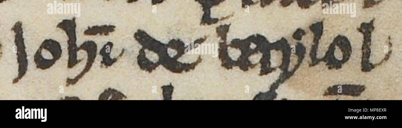 . Englisch: Ein Auszug aus Folio 43r der British Library Baumwolle MS Faustina B IX (die Chronik von Melrose). Der Auszug bezieht sich auf John de Balliol (gestorben 1268). Der Auszug bezieht sich auf die Aufzeichnung der Tod von Alan fitz Roland, John's Schwiegervater. Zwischen dem 12. und 15. Jahrhundert. Unbekannt 732 John de Balliol (British Library MS Baumwolle Faustina B IX, Folio 43r) Stockfoto