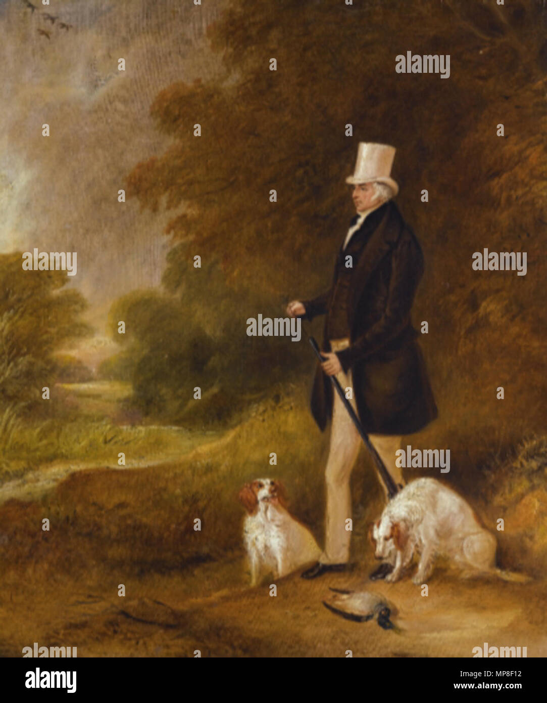 Englisch: Porträt von Sir William Murdaunt Sturt Milner, 4. Bt. (1779-1855) mit zwei clumber Spaniels heraus schießen. 732 John Ferneley William Murdaunt Sturt Milner Stockfoto