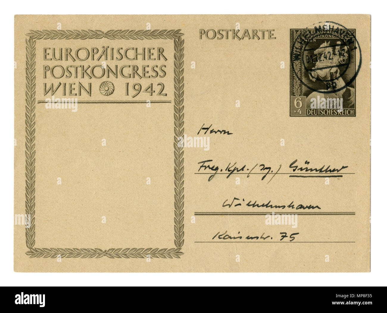 Alte Deutsche Post Card/Postkarte: Europäische post-Kongress in Wien, 1942, mit Poststempel Wilhelmshaven, Deutschland, Österreich, der zweite Weltkrieg, Drittes Reich Stockfoto
