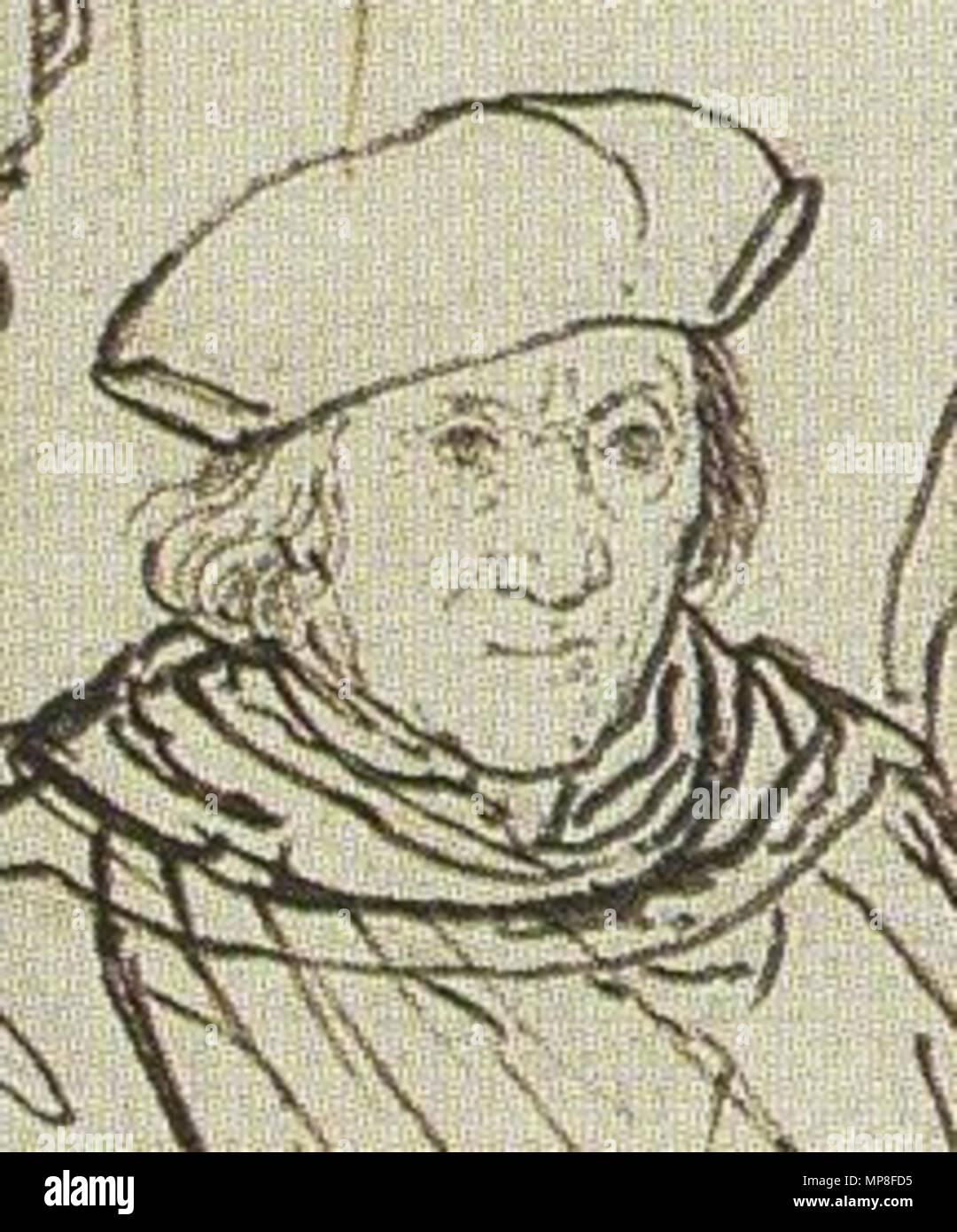 . Englisch: Detail von Sir John Mehr aus der Studie für die Familie Portrait von Thomas Morus. Pen und Brush in schwarz auf der Oberseite des Chalk Skizze, 38,9 × 52,4 cm. Kupferstichkabinett, Öffentlichen Kunstsammlung Basel. Dies ist eine vorbereitende Skizze für Holbeins Portrait der Familie von Thomas Morus, jetzt verloren, dachte das erste Leben mittlere Gruppe portrait nördlich der Alpen. Das gemalte Werk wurde mehrfach - von der Künstlerin Rowland Lockey (c kopiert 1565-1616), unter anderem - zwar Unterschiede zwischen den Kopien und diese Skizze deuten darauf hin, dass dazwischen liegenden Versionen bestanden haben kann, in der Antwort auf Chang angepasst Stockfoto