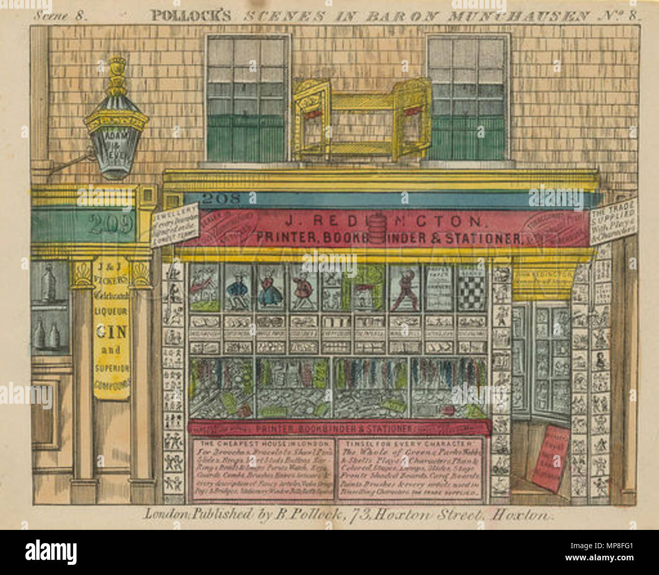 . Englisch: Außen von John's Redington Papierladen und Buchbinder auf Hoxton Straße in Hoxton, wie auf einer "twopence farbig dargestellt. vor 1876. John redington (1819-1876) 734 John redington Shop vorne Stockfoto