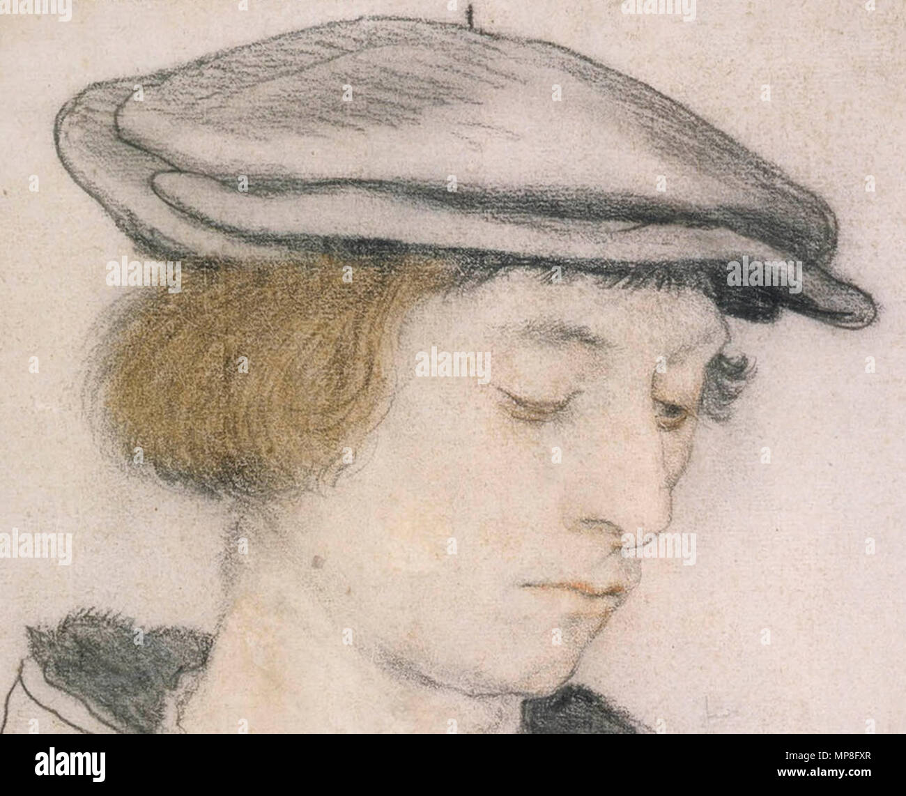 . Englisch: John Mehr (1509-1559), Sohn von Sir Thomas More. Aus der Zeichnung von Holbein in der Royal Collection, Windsor. Das Bild ist in Parker, Karl Theodor. Die Zeichnungen von Hans Holbein in der Sammlung seiner Majestät des Königs im Schloss Windsor. London, 1945, S. 36. Die Gap getragen wird aus gewalkter Wolle mit der Krone wie ein Barett mit einem Split, oder 2-teilig, krempe geformt zu werden. ca. 1526 - 1527. Hans Holbein (1497/1498-1543) Alternative Namen: Hans Holbein der Jüngere, Hans Holbein Beschreibung deutscher Maler und Zeichner Geburtsdatum / Tod 1497 oder 1498 zwischen 7. Oktober 15. Stockfoto