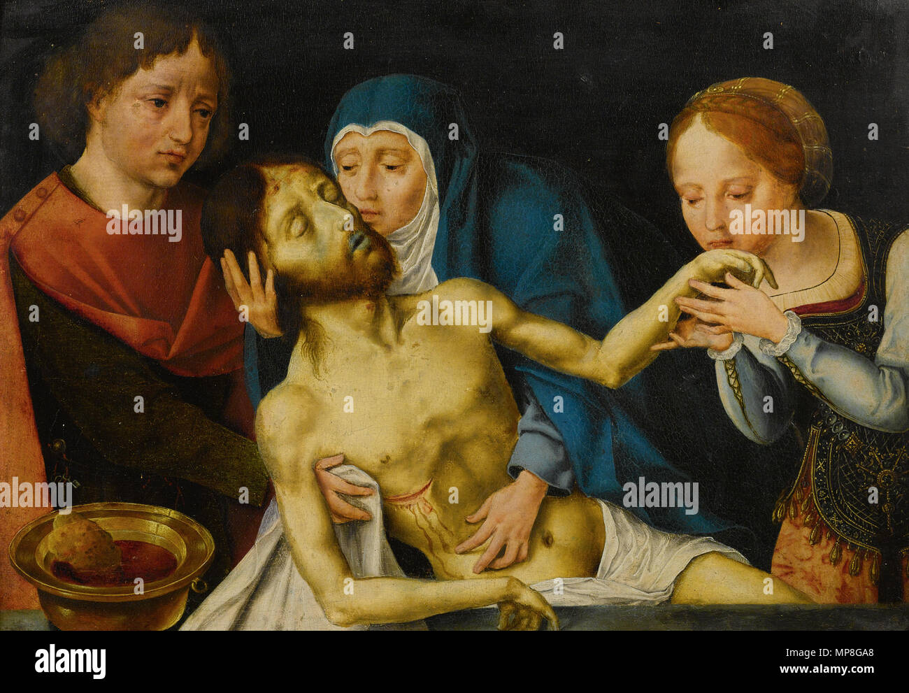 . Die Beweinung Christi. 16. Jahrhundert. Anhänger von Joos van Cleve (um 1485-1540/1541) Alternative Namen Joos van der Beke, Joos van der Beken, Joos van Cleef, Meister des Todes der Jungfrau Maria Beschreibung flämischen Maler und Zeichner Geburtsdatum / Tod ca. 1485 zwischen 10. November 1540 und 13. April 1541 Ort der Geburt / Todes Kleve (?) Antwerpen Standort Kalkar (ca. 1505-1508), Brügge (1507 - 1511), Antwerpen (1511 - 1540), Frankreich (1529), London (1535 - 1536) Kontrolle: Q 153472 VIAF: 69201794 ISNI: 0000 0001 1877 5443 ULAN: 500007799 LCCN: Nr 91022860 NLA: 35 Stockfoto