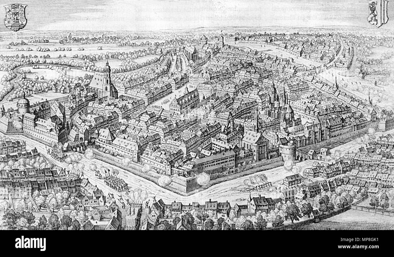 . Hier Belagerung 1632 durch Holk, Blick aus südöstlicher Richtung. 1637. Unbekannt, vom Benutzer abgefragt: Prolineserver von "Journal der Universität Leipzig", die von de retuschiert: Benutzer: ArtMechanic 801 Leipzig 1632 Theatrum Europaeum Stockfoto