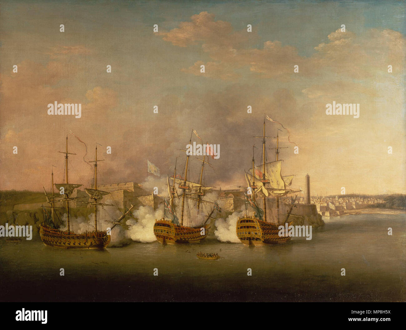 Bombardierung der Morro Castle, Havanna, 1. Juli 1762. Nach rechts: HMS Marlborough, HMS Dragon, HMS Cambridge. Mitte des 18. Jahrhunderts. 812 LindsayCambridge Stockfoto