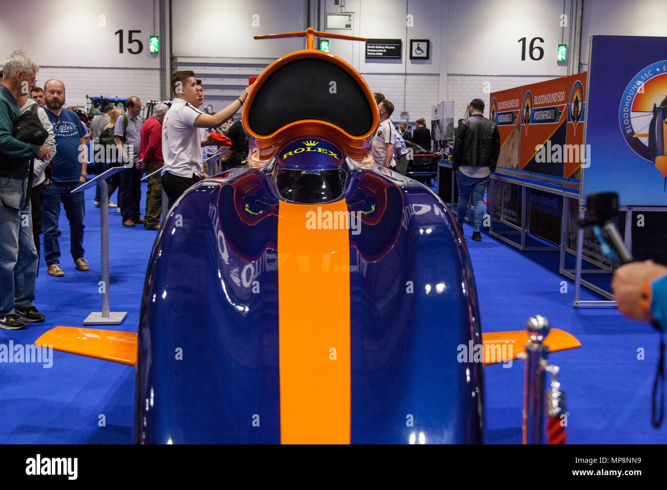 LONDON, UK, 18. Mai 2018: Die Bloodhound 1.000 mph Geschwindigkeitsrekord versuchen, Auto am confused.com London Motor Show im Excel Convention Stockfoto