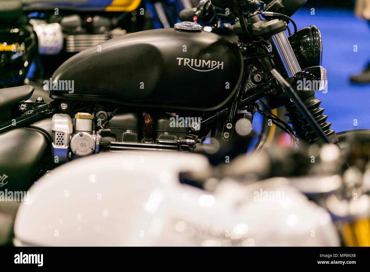 LONDON, UK, 18. MAI 2018: Triumph Bikes an der confused.com London Motor Show im Excel Convention Center. Die Show ist der größte britische Automotive Stockfoto